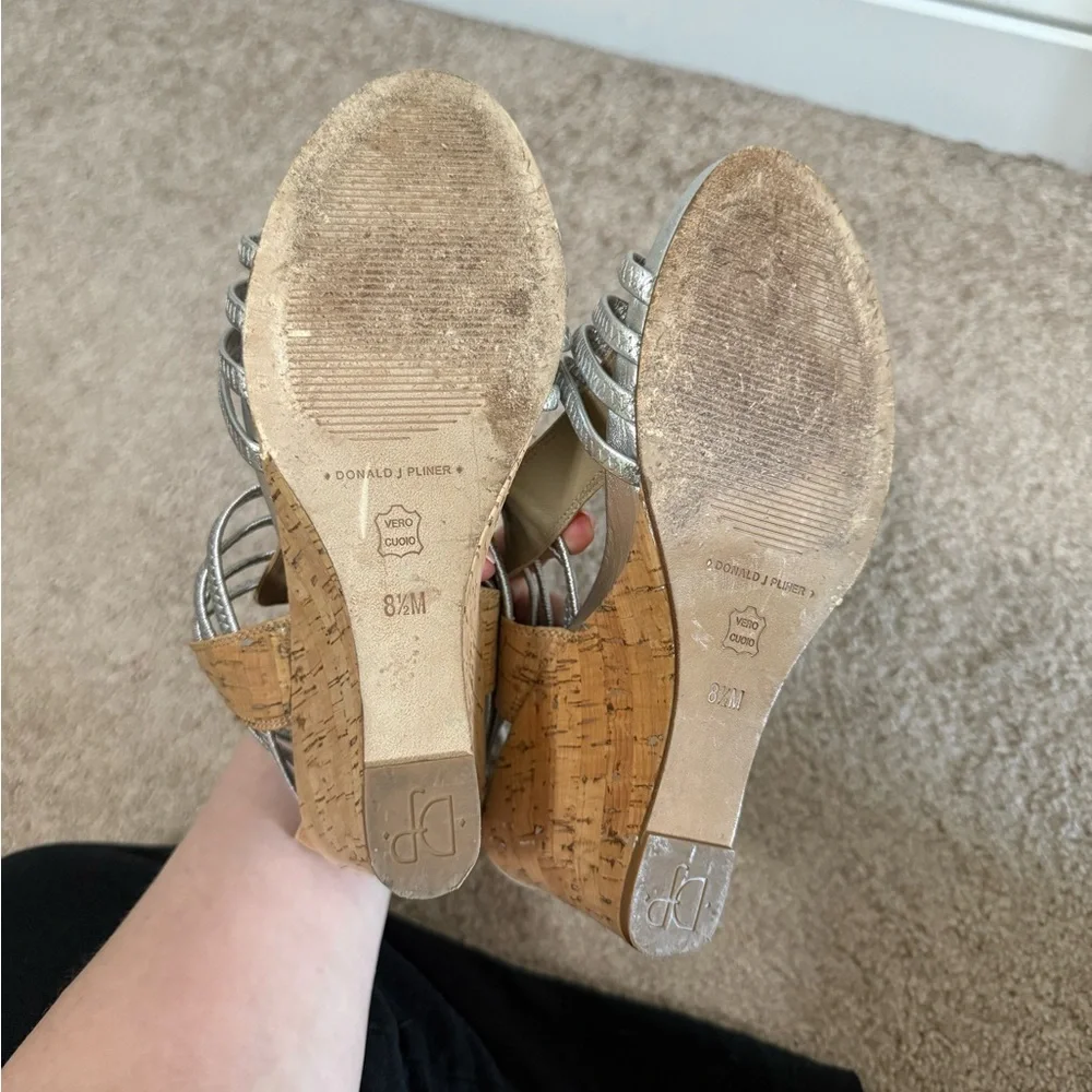 Donald J Pliner Silver Strappy Cork Wedge Sandals 8.5M